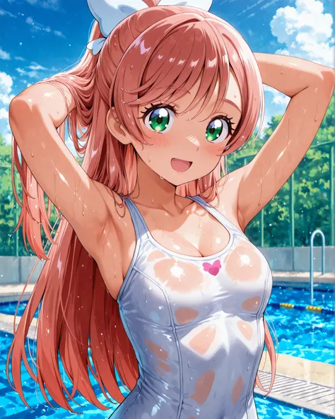 (ultra-detailed),Nijigaoka Mashiro, magical girl,Hirogaru Sky Pretty Cure,precure,pink hair, very long hair, bangs, green eyes,
incredibly detailed beautiful pupillary,eyebrows visible through hair,
bun hair, high ponytail, very long hair, hair ribbon, w...