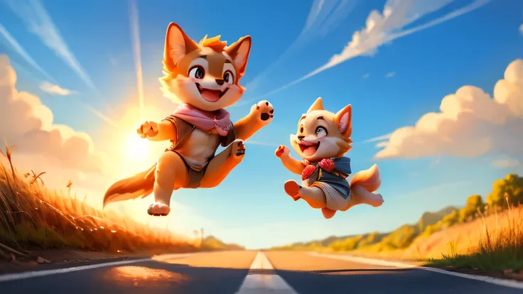 Blue sky and road、Dog couple、jumping