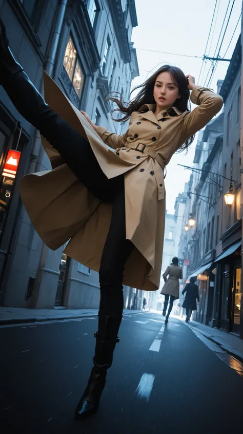 A woman in a trench coat in a street, dynamic pose, action pose, dynamic angle, real, realistic