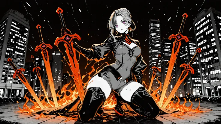 masterpiece, ultra highres, best quality, Chris Lightfellow, braided bun updo (hair loops upward into tight bun, gray strands now streaked with ash and ember), round plumpy face, sweat and soot tracing her jawline. Large plush body (elegant lean waist) eme...