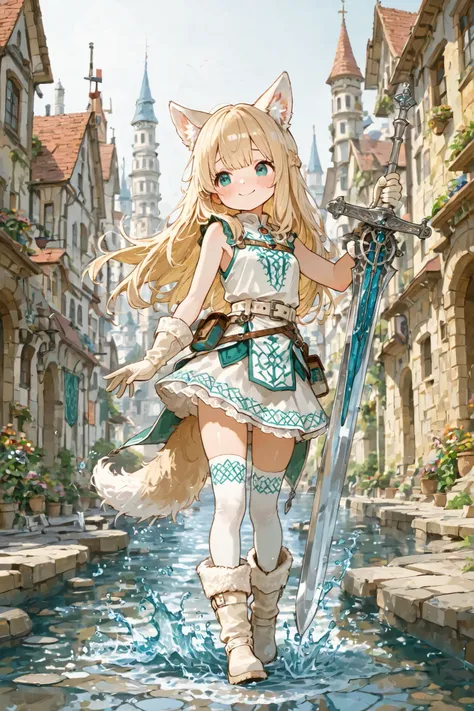 Highest Quality, 1girl, cute girl,　An anatomically consistent body, has a large sword made of jewels that is bigger and heavier than her height,　battle ready,　long, Smooth blond hair,　A Celtic-style fur costume,　sleeveless,　miniskirt,　full body,　An ancient...