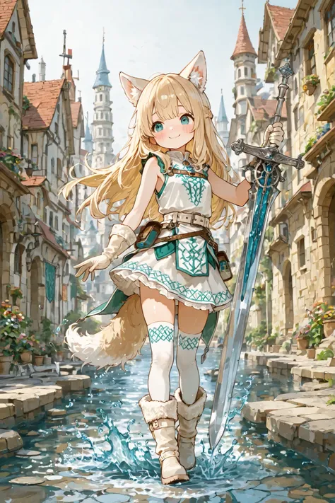 Highest Quality, 1girl, cute girl,　An anatomically consistent body, has a large sword made of jewels that is bigger and heavier than her height,　battle ready,　long, Smooth blond hair,　A Celtic-style fur costume,　sleeveless,　miniskirt,　full body,　An ancient...