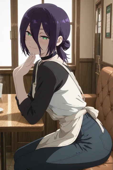 masterpiece, best quality, absolutely absurdres, very aaesthetic, newest, very awa, masterpiece, best quality, absolutely absurdres, very aaesthetic, newest, anime screencap, solo,reze, chainsaw man, navy hair, green eyes,black choker, purple hair, choker,...