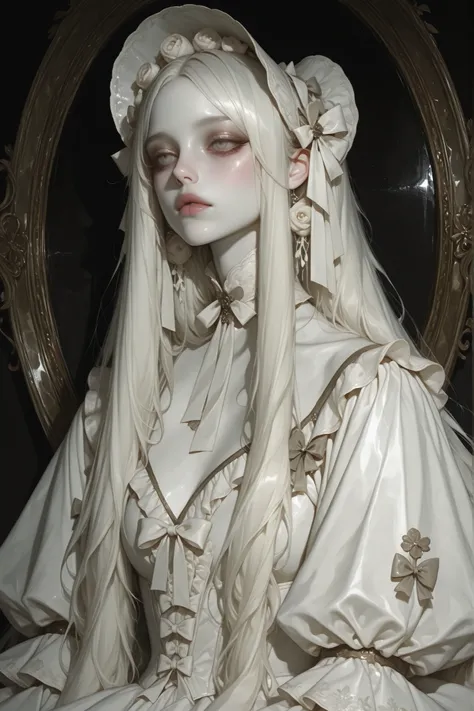portrait of an ethereal young woman, flawless porcelain-pale skin, large glassy eyes, delicate symmetrical features, long silky hair tied with ribbons, wearing an elaborate rococo-inspired lolita gown in white, puffed sleeves, layered ruffled skirt, ornate...