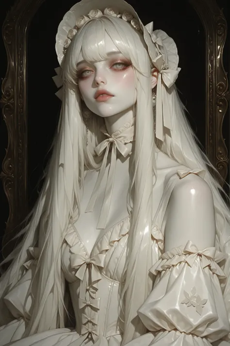 portrait of an ethereal young woman, flawless pale skin, large glassy eyes, delicate symmetrical features, long silky hair tied with ribbons, wearing an elaborate rococo-inspired lolita gown in white, puffed sleeves, layered ruffled skirt, ornate bows and ...