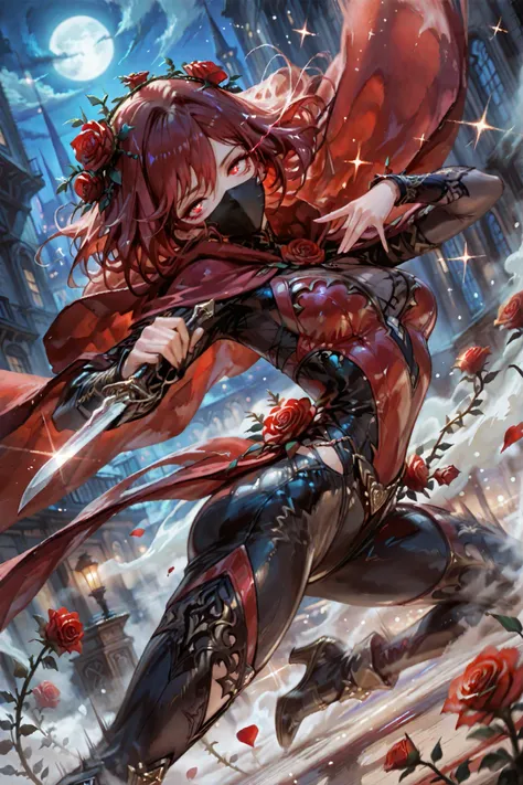 womanhood,glamorous, Assassin,black mask,redいフード,Dark Tool,knife,sparkle_eyes,Flower_La Bette movie by Valerian Borouchik_eye,eye trail,Jump, dance,(Rose:1.2),Thorn,red,night,fog,dynamic angle,background motion blur,股間に割れeye