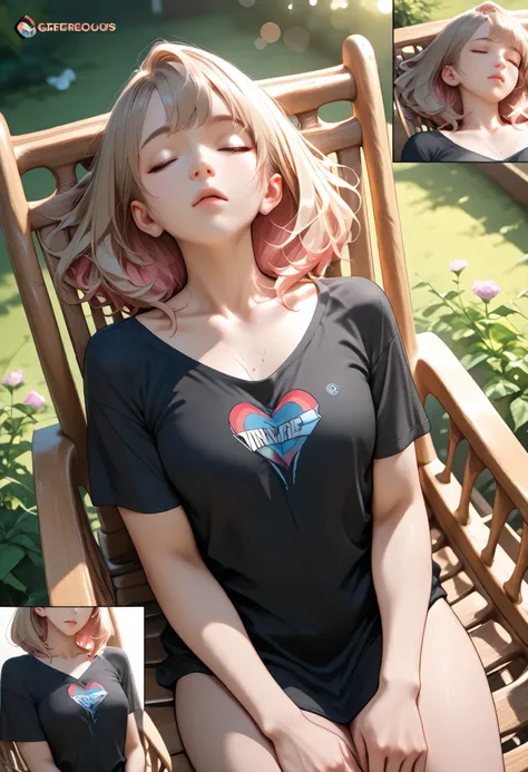 medium hair, light brown hair, light pastel pink inner hair, small breasts, Black t-shirt with car engine art printed on it, no pants, GORGEOUS, woman sleeping in a rocking chair, (from above), (extreme close-up, focus on chest:1.3), upper body, Dutch angl...