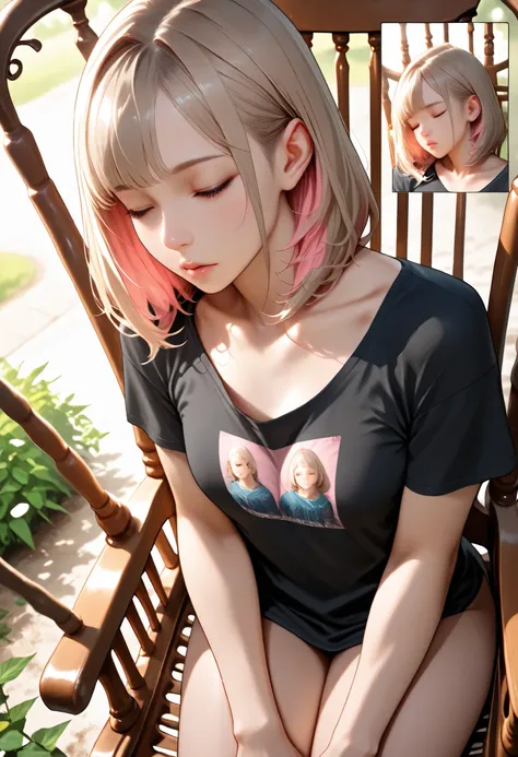 medium hair, light brown hair, light pastel pink inner hair, small breasts, Black t-shirt with car engine art printed on it, no pants, GORGEOUS, woman sleeping in a rocking chair, (from above), (extreme close-up, focus on chest:1.3), upper body, Dutch angl...