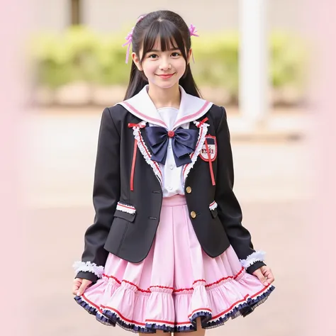 (8k, Highest Quality, masterpiece,full body:1.2), ultra high resolution, complicated details, 1 girl, ((10 years old,Short Height,elementary school student:1.0)),beautiful faces, black long hair,Back hair tied with ribbons,smile,Elementary school gra...