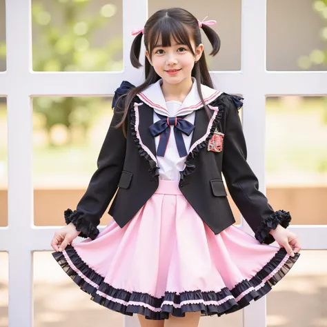 (8k, Highest Quality, masterpiece,full body:1.2), ultra high resolution, complicated details, 1 girl, ((10 years old,Short Height,elementary school student:1.0)),beautiful faces, black long hair,Back hair tied with ribbons,smile,Elementary school gra...
