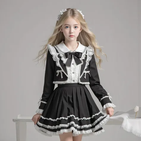 European girl,blue eyes,Blonde Long Hair,10 years old,black and white school uniform ,ruffles and bows,long sleeve,pleated skirt,