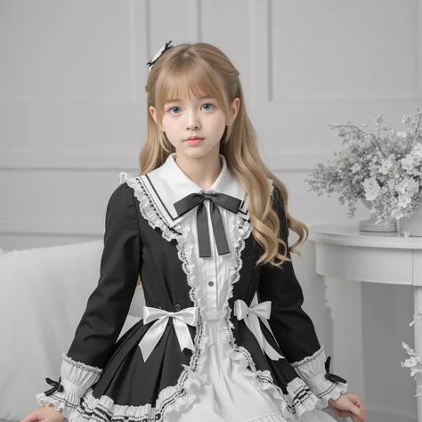 European girl,blue eyes,Blonde Long Hair,10 years old,black and white school uniform ,ruffles and bows,long sleeve,pleated skirt,