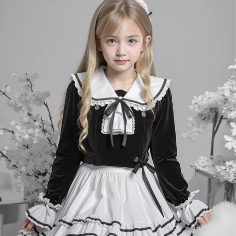 European girl,blue eyes,Blonde Long Hair,10 years old,black and white school uniform ,ruffles and bows,long sleeve,pleated skirt,