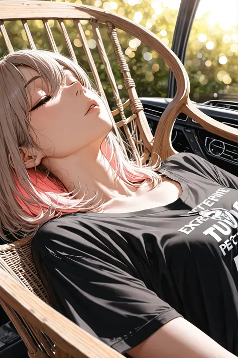 medium hair, light brown hair, light pastel pink inner hair,small breasts,Black t-shirt with car engine art printed on it,no pants,,woman sleeping in a rocking chair,(from avobe), (extreme close-up, focus on chest:1.3), upper body,Dutch angle,garden,maorix...