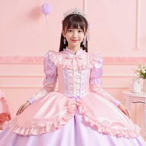 Princess Girls,10 years old,Large Ball Gown Dress in Pastel Colors,Large hoop skirt ,long sleeve,puff sleeve,ruffle sleeve,Ruffle Yoke Collar,large yoke collar,lace up corset with ribbon,princess tiara to wear on the back of the head,cute dress decorated w...