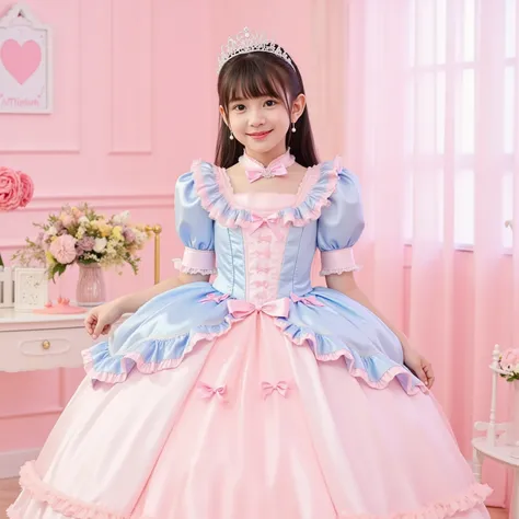 Princess Girls,10 years old,Large Ball Gown Dress in Pastel Colors,Large hoop skirt ,long sleeve,puff sleeve,ruffle sleeve,Ruffle Yoke Collar,large yoke collar,lace up corset with ribbon,princess tiara to wear on the back of the head,cute dress decorated w...