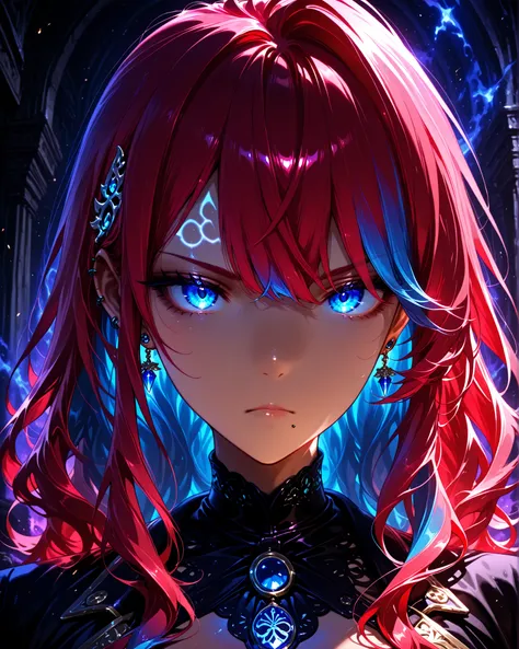 wolfcut, fluffy hair, voluminous hair, wavy centerparted, wavy bangs, wavy hair, front angle, extreme close-up, (masterpiece, vivid color, 4k), {1woman}:(a beautiful and attractive woman, with long red hair with blue highlights and a rebellious hairstyle, ...