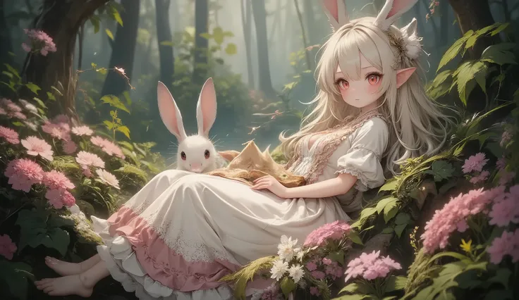 (Highest Quality, Super Detailed:1.5), 8k,(one girl), (Bunny Eared Elf Girl:1.5),(Beautiful Vines and Flowers々playing with fairies that look like rabbits:1.5),( beautiful flowers 々is in full bloom:1.5),Platinum Blonde Hair, very long hair, round eyes,(bunn...