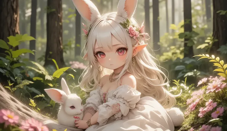 (Highest Quality, Super Detailed:1.5), 8k,(one girl), (Bunny Eared Elf Girl:1.5),(Beautiful Vines and Flowers々playing with fairies that look like rabbits:1.5),( beautiful flowers 々is in full bloom:1.5),Platinum Blonde Hair, very long hair, round eyes,(bunn...