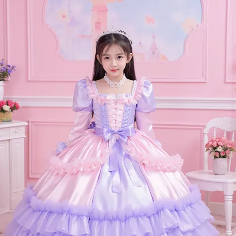 Princess Girls,((10 year old little girl)),,Small,long hair,Large Ball Gown Dress in Pastel Colors,Large hoop skirt ,((long sleeve)),puff sleeve,ruffle sleeve,Ruffle Yoke Collar,large yoke collar,lace up corset with ribbon,princess tiara to wear on the bac...