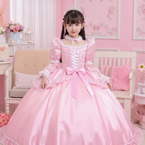 Princess Girls,((10 year old little girl)),,Small,long hair,Large Ball Gown Dress in Pastel Colors,Large hoop skirt ,((long sleeve)),puff sleeve,ruffle sleeve,Ruffle Yoke Collar,large yoke collar,lace up corset with ribbon,princess tiara to wear on the bac...