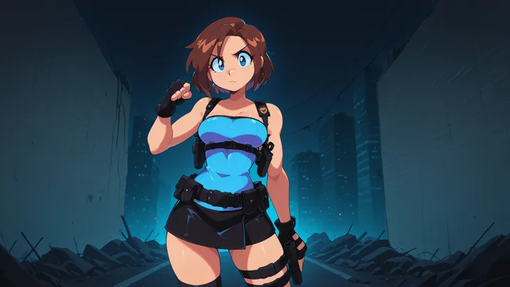 jillvalentineSDXL,high contrast, colorful, wallpaper, retro artstyle, 1990s (style), 1girl, BIG EYES, determined expression, medium breasts, score_9, score_8_up, score_7_up, masterpiece. blend of strong and stylish. Futuristic survival heroine. Short brow...