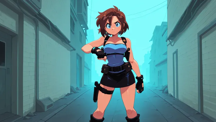 high contrast, colorful, wallpaper, retro artstyle, 1990s (style), 1girl, BIG EYES, determined expression, medium breasts, score_9, score_8_up, score_7_up, masterpiece. blend of strong and stylish. Futuristic survival heroine. Short brown hair, detailed ha...