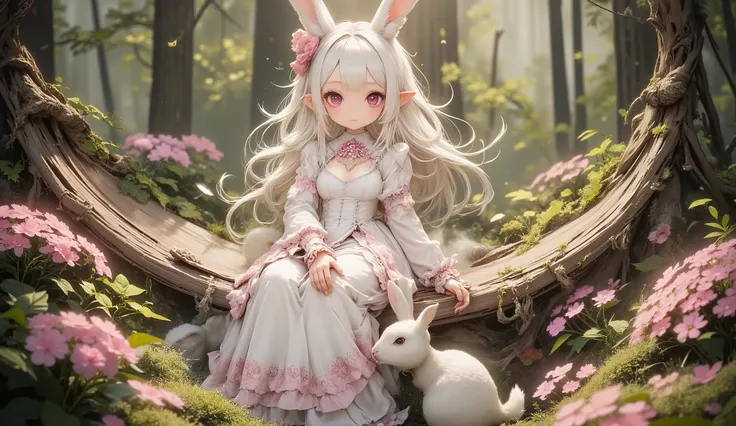 (Highest Quality, Super Detailed:1.5), 8k,(one girl), (Bunny Eared Elf Girl:1.5),Platinum Blonde Hair, very long hair, round eyes,(bunny ears grow:1.5), (Anatomically Accurate Hand:1.5),(red beautiful eyes:1.5), Full Body, arms behind back, small breasts,(...