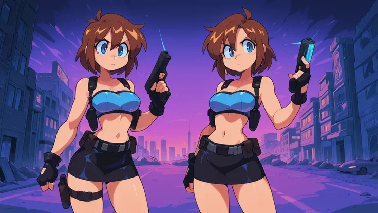 high contrast, colorful, wallpaper, retro artstyle, 1990s (style), 1girl, BIG EYES, determined expression, medium breasts, score_9, score_8_up, score_7_up, masterpiece. blend of strong and stylish. Futuristic survival heroine. Short brown hair, detailed ha...