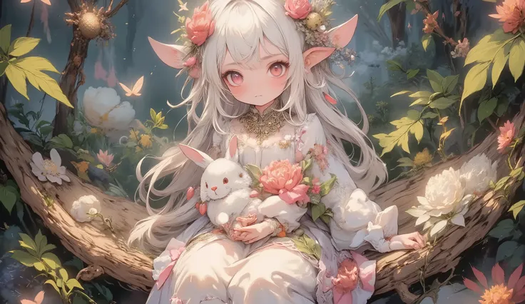(Highest Quality, Super Detailed:1.5), 8k,(one girl), (Bunny Eared Elf Girl:1.5),Platinum Blonde Hair, very long hair, round eyes,(bunny ears grow:1.5), (Anatomically Accurate Hand:1.5),(red beautiful eyes:1.5), Full Body, arms behind back, small breasts,(...