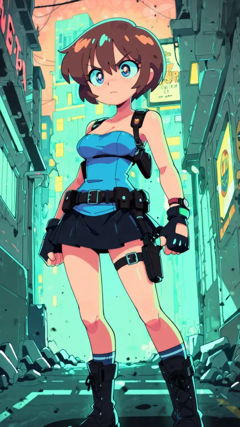 high contrast, colorful, wallpaper, retro artstyle, 1990s (style), 1girl, BIG EYES, determined expression, medium breasts, score_9, score_8_up, score_7_up, masterpiece. blend of strong and stylish. Futuristic survival heroine. Short brown hair, detailed ha...