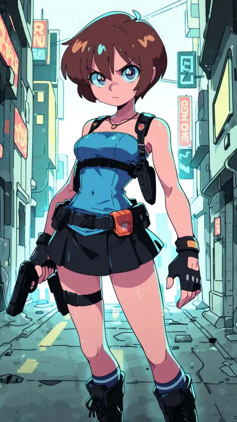 high contrast, colorful, wallpaper, retro artstyle, 1990s (style), 1girl, BIG EYES, determined expression, medium breasts, score_9, score_8_up, score_7_up, masterpiece. blend of strong and stylish. Futuristic survival heroine. Short brown hair, detailed ha...