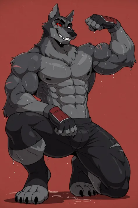 masterpiece, high quality, detailed, male, solo male, VortexHB, 1boy, mature male, anthro, wolf, hellhound, dark gray fur, light underbelly, white eyes, red sclera, colored sclera, scar on left eye, white sclera on left eye, white left eye, animal ears, br...