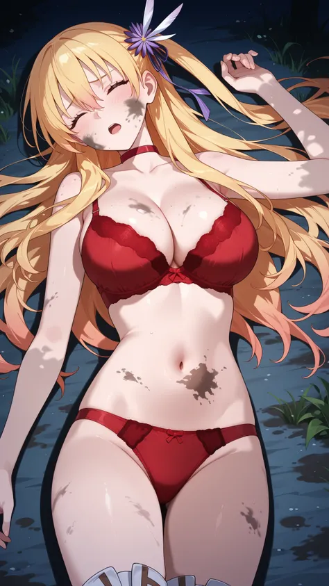 nsfw,highres, absurdres,source anime,cowboy shot,1girl,solo,alisa reinford,sen3alisa,blonde hair,side ponytail,red choker,collarbone,big breasts,cleavage,nude,red bra,red panties,white longboots,lying,on back,furrowed brow,closed eyes,outdoor,night,open mo...