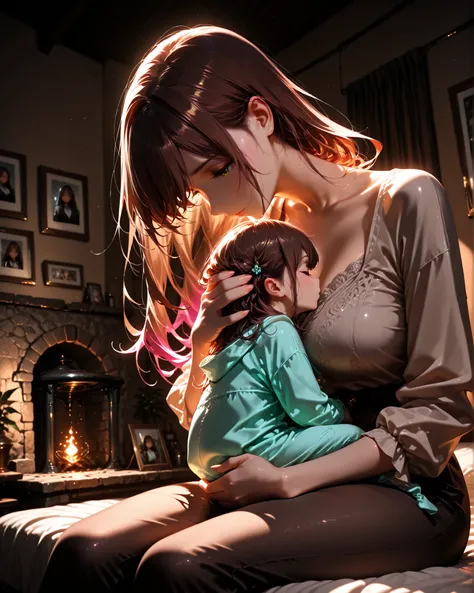 front angle, extreme close-up showing two children on their mother's lap, only the mother's hair from the chin down, without showing her face, (masterpiece, 4k, ultra-detailed image, vivid colors, professional photo, cinema angle), {1woman}:(a beautiful wo...