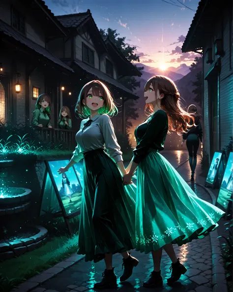 side angle, (masterpiece, 4k, ultra-detailed image, vivid colors, professional photo, cinema angle), two brown-haired twin sisters, approximately 5 years old, wearing casual clothes, playing happily, chasing each other in a backyard of a house with very gr...