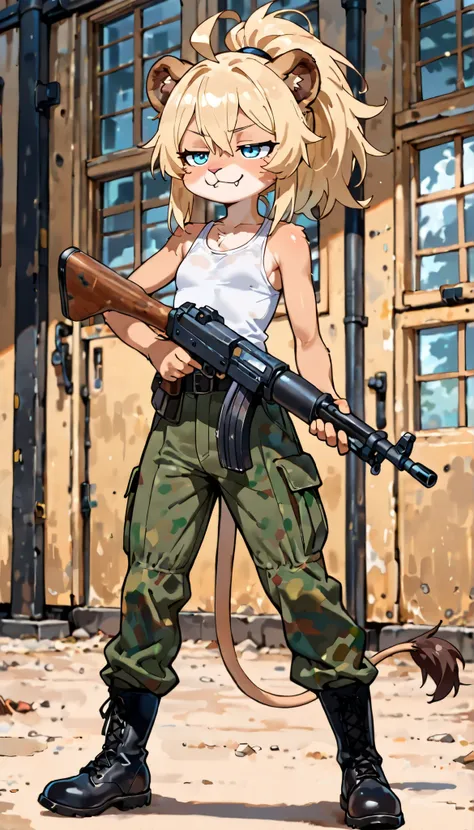 score_9, score_8_up, score_7_up, 1girl, solo, masterpiece, best quality, amazing quality, very aesthetic, absurdres, source furry, young, lion girl, blonde hair, ponytail, half closed eyes, lion ears, blue eyes, small breast, "eyelips", ((white tank top, m...