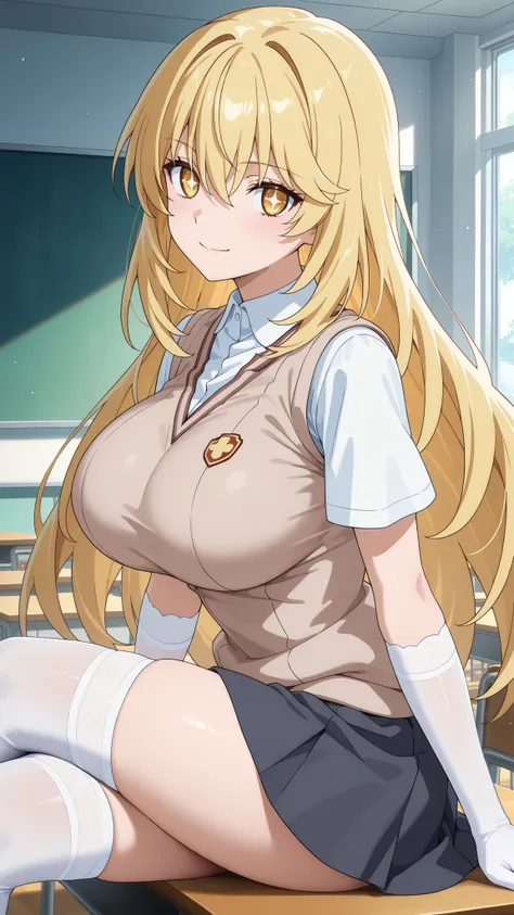 nsfw,highres, absurdres,source anime,cowboy shot,1girl,solo,misaki shokuhou,blonde hair,hair between eyes,long hair,symbol-shaped pupils,yellow eyes,elbow gloves, gloves,school uniform,short sleeves,summer uniform,sweater vest,tokiwadai school uniform,whit...