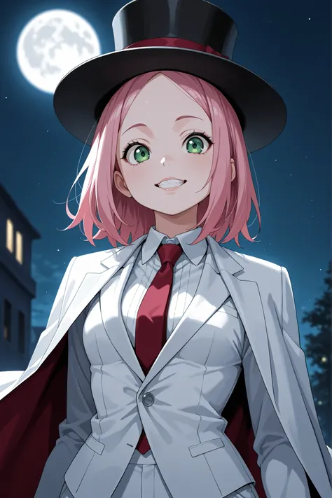 Sakura Haruno. small breasts, huge hips, pink hair, medium hair, light green eyes, thin lips, very fair skin, big forehead. | shirt, wjacket, dress_shirt, parted_lips, necktie, hat, night_sky, top_hat, outdoors, looking_at_viewer, moon, suit, shirt, red_ne...