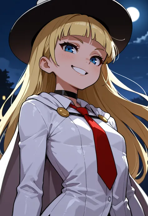 Pacifica Northwest, flat breasts, flat chest, skinny, huge hips, long hair, blonde hair, choker ,| shirt, wjacket, dress_shirt, parted_lips, necktie, hat, night_sky, top_hat, outdoors, looking_at_viewer, moon, suit, shirt, red_necktie, jacket, sky, white_s...