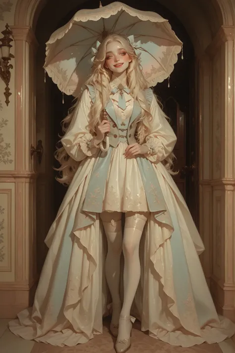 an adorable youthful vampire with pale porcelain skin, large shimmering eyes, delicate fangs peeking from a shy smile, dressed in elegant 18th century noble attire, ornate pastel frock coat with lace cuffs, embroidered waistcoat, silk cravat, knee-length b...