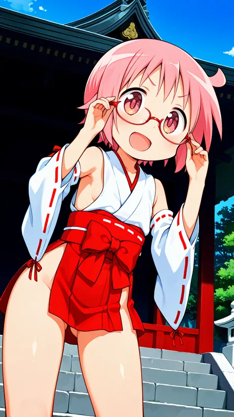 nonohara yuzuko, pink hair, short hair,ahoge, pink eyes,bangs,((anime style)),score_9, score_8_up, score_7_up, source_anime,solo,1girl, ((miko)),((mini slit red skirt)),((((slit skirt)))),ass visible through thighs,((Obi)) ,((Obi knot)), (flat chest) , ((s...