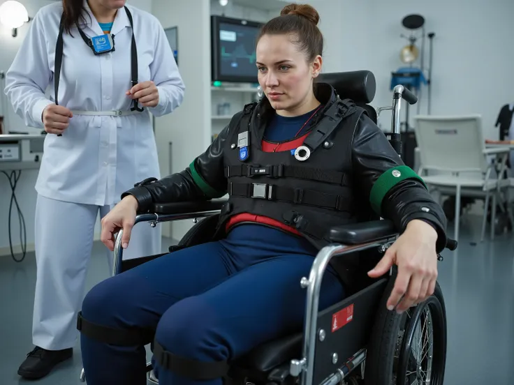 a 35 year old woman wears a long black trenchcoat made of leather with a shiny latex stripe that is green, wearing blue latex pants, wearing a red padded hip belt, wearing a black and red padded neoprene chest harness, sitting in a wheelchair with a bionic...