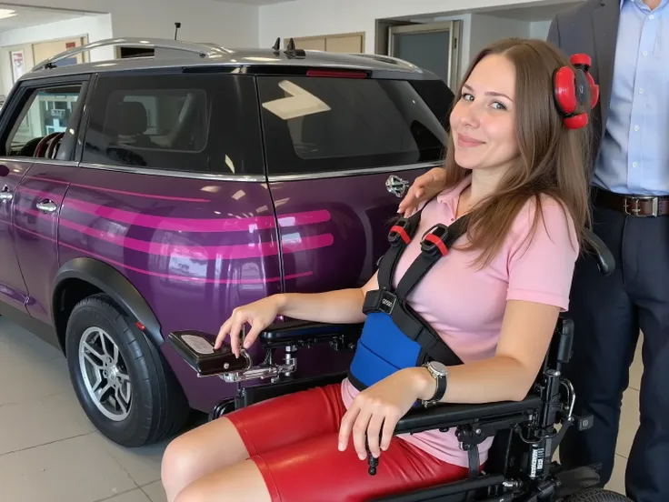in a high end car dealership, a woman sits in a powered wheelchair with a red headrest, she is next to a minivan that is purple and pink striped, the woman wears a heavy duty rubber wheelchair harness that is shiny black latex with red buckles, she wears a...