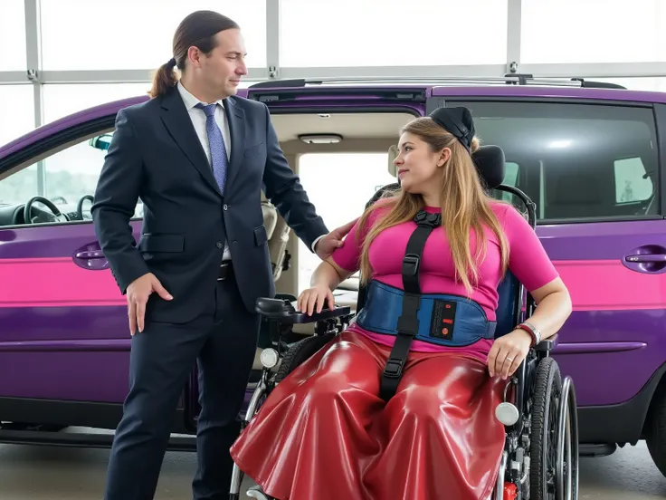 in a high end car dealership, a woman sits in a powered wheelchair with a red headrest, she is next to a minivan that is purple and pink striped, the woman wears a heavy duty rubber wheelchair harness that is shiny black latex with red buckles, she wears a...