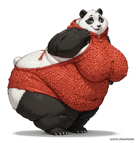 
Panda girl, adorable anthropomorphic panda with mischievous look and sensual pose, extremely obese, overweight, increased weight, Immovable thickness, navel, Inciting composition, natural landscape, mountain with waterfalls in the background, Bright dayli...