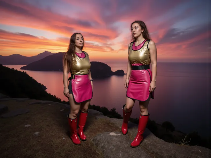 HDR image, at a dramatic sunset on the side of a mountain, overlooking the ocean with an island in the distance, a woman wears a shining gold leather harness over a pink latex lead apron, the woman wears knee high red boots
