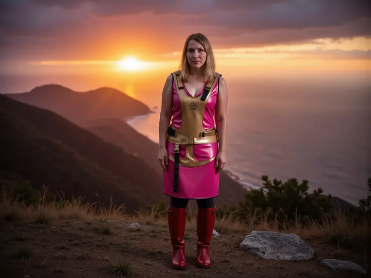 HDR image, at a dramatic sunset on the side of a mountain, overlooking the ocean with an island in the distance, a woman wears a shining gold leather harness over a pink latex lead apron, the woman wears knee high red boots