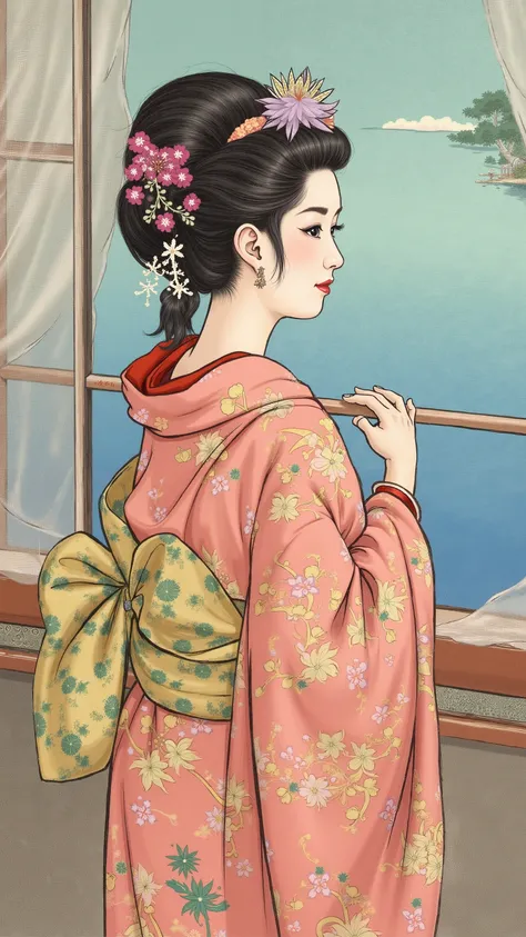 high resolution images 、 Oil ( 美しい 目 detailsなdetails、 detailsを見てください, multi-colored hair) 、Kimono that looks like a yukata 、 Woman looking at the lake outside the window 、 high resolution images 、  The Beauty of Kimonos  、 顔の details 、 masterpiece 、 Highes...
