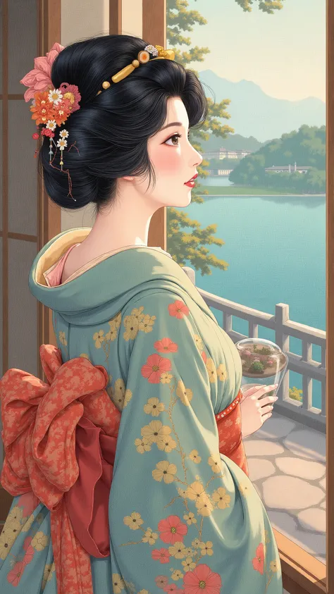 high resolution images 、 Oil ( 美しい 目 detailsなdetails、 detailsを見てください, multi-colored hair) 、Kimono that looks like a yukata 、 Woman looking at the lake outside the window 、 high resolution images 、  The Beauty of Kimonos  、 顔の details 、 masterpiece 、 Highes...